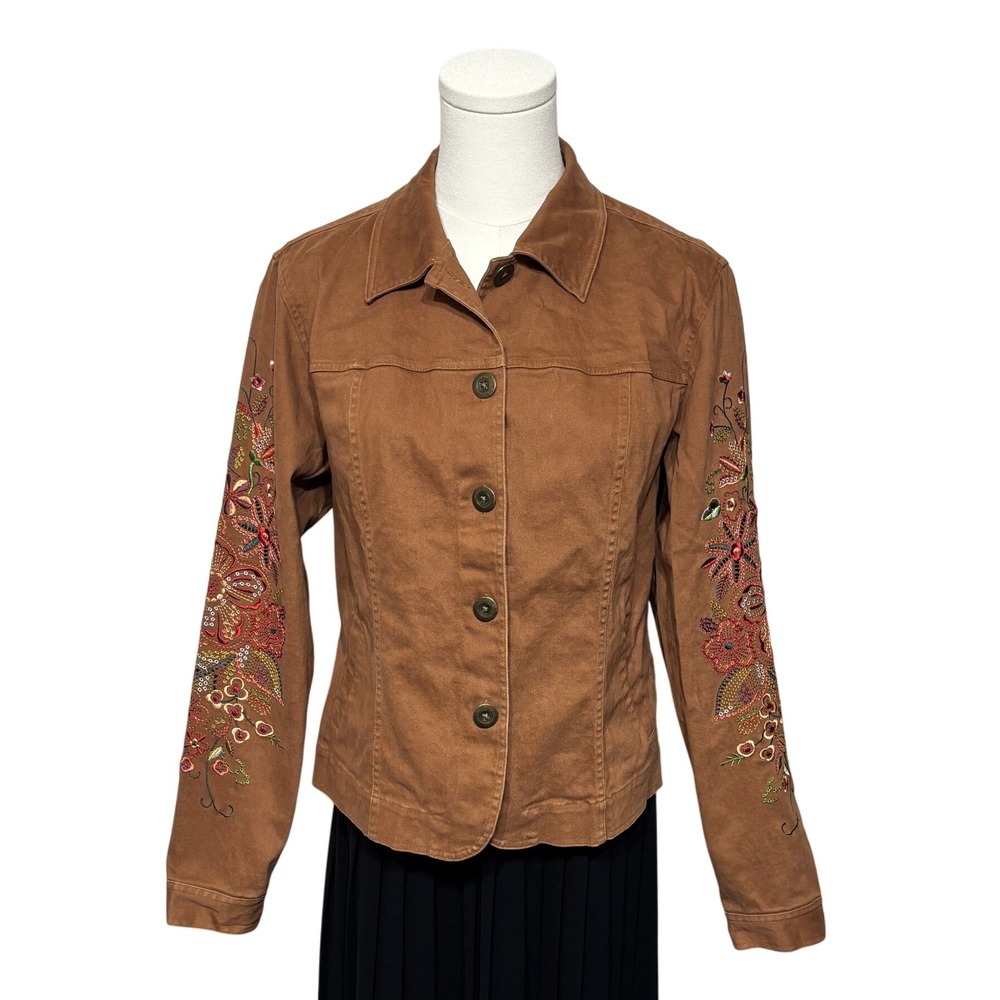 Coldwater Creek Embroidered Jacket Floral Accents Button Up Brown Size M Boho